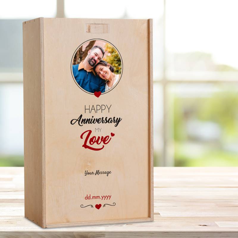 Any Photo Happy Anniversary My Love - Double Wooden Champagne Box