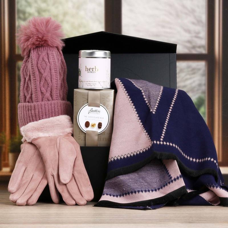 Luxury Scarf Cosy Set With Chocs & Candle - Pink & Navy