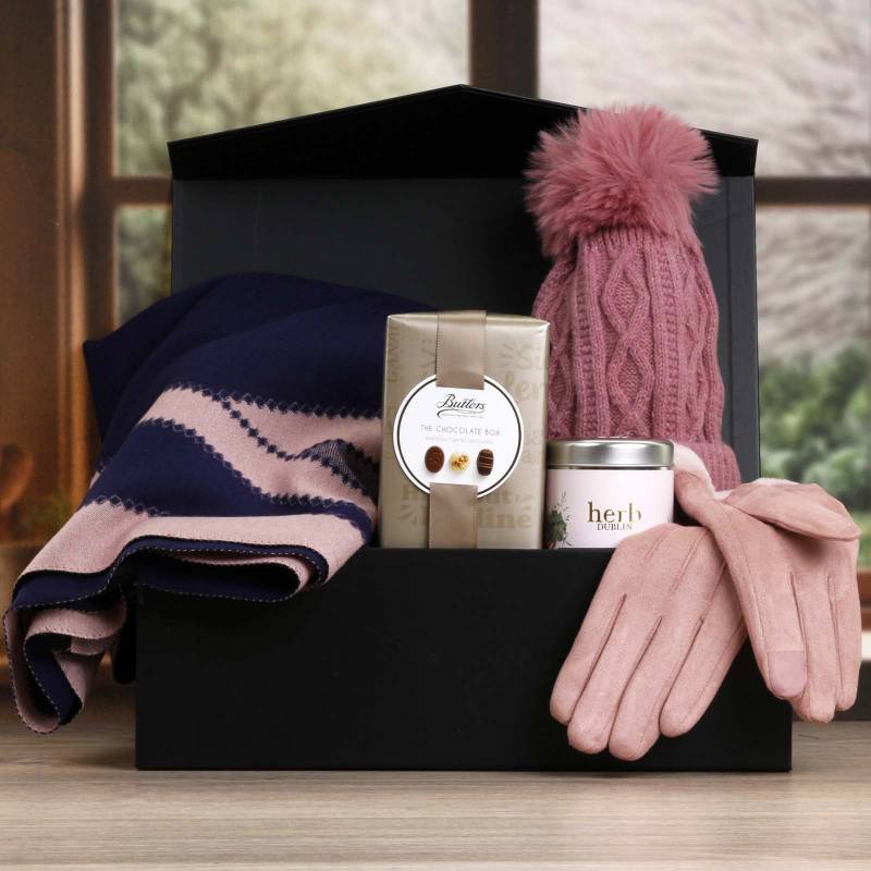 Luxury Scarf Cosy Set With Chocs & Candle - Pink & Navy