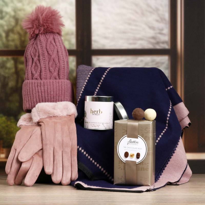 Luxury Scarf Cosy Set With Chocs & Candle - Pink & Navy