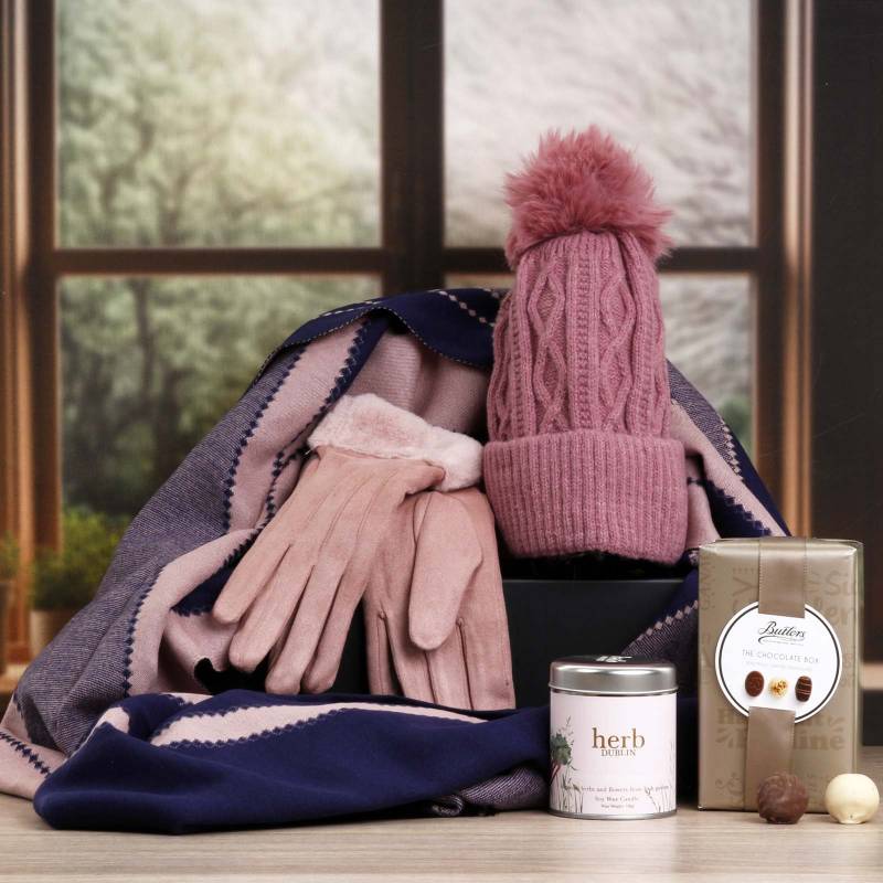 Luxury Scarf Cosy Set With Chocs & Candle - Pink & Navy