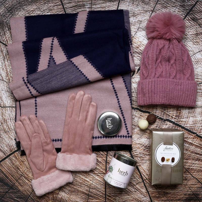 Luxury Scarf Cosy Set With Chocs & Candle - Pink & Navy