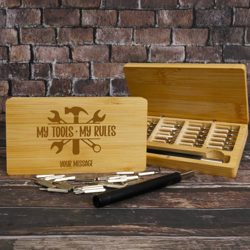 Personalised Bamboo Box with Precision Screwdriver Tool Set