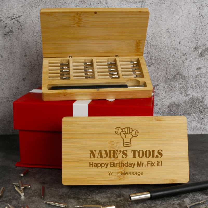 Personalised Bamboo Box with Precision Screwdriver Tool Set