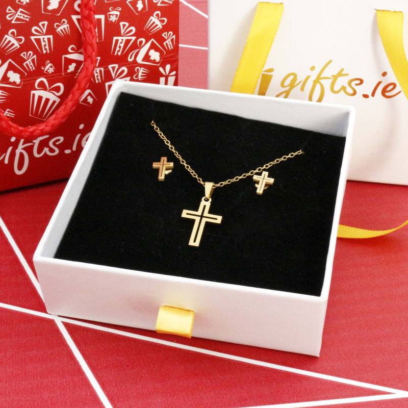 Gold Cross and Earrings