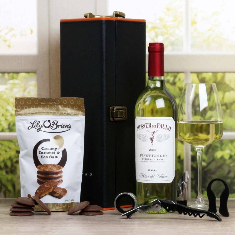 Single Vino Italia & Irish Chocs in Leather Case