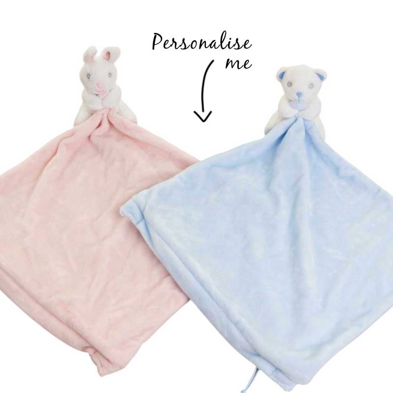 Pink or Blue Baby Comforter With Rattle - Personalised