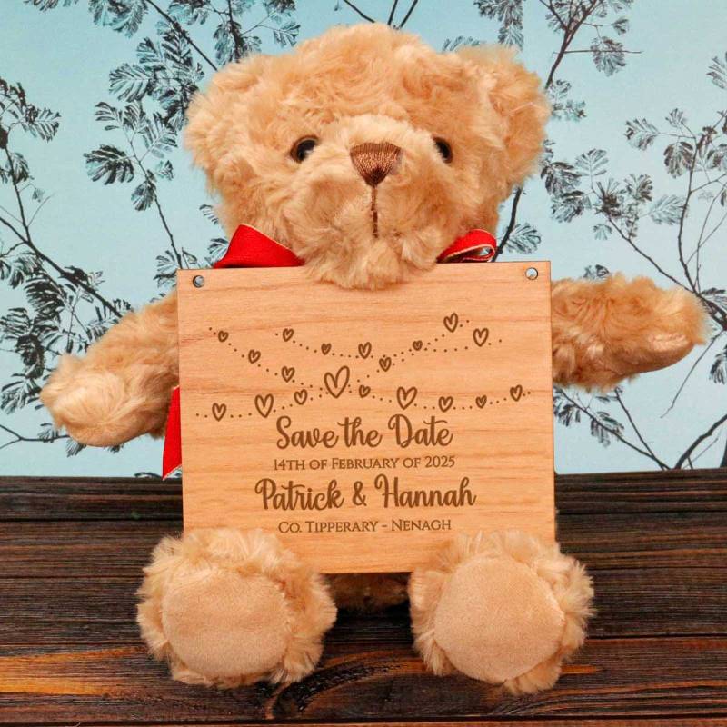 Any Message Hearts Design - Wooden Plaque Personalised Teddy Bear