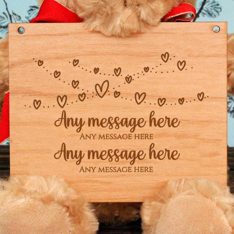 Any Message Hearts Design - Wooden Plaque Personalised Teddy Bear