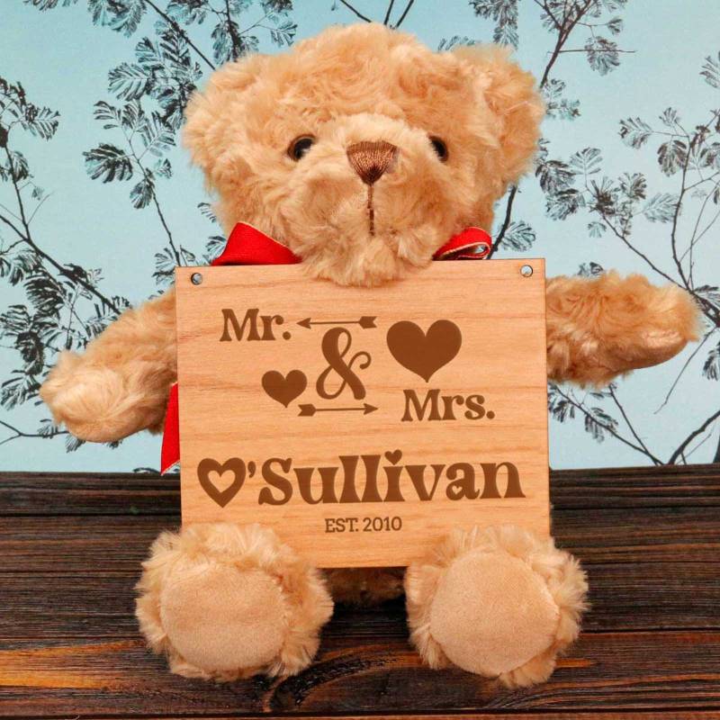 Mr&Mrs Surname - Wooden Plaque Personalised Teddy Bear