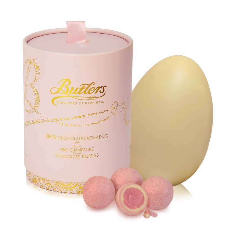 White Chocolate Easter Egg With Pink Marc de Champagne Truffles