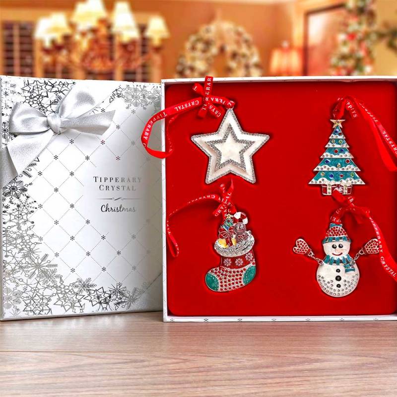 Set of 4 Sparkle Decorations-Stocking, Tree, Star, Snowman