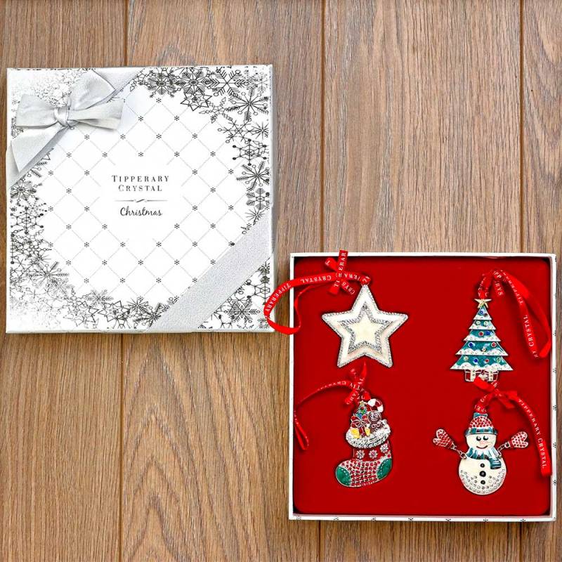 Set of 4 Sparkle Decorations-Stocking, Tree, Star, Snowman