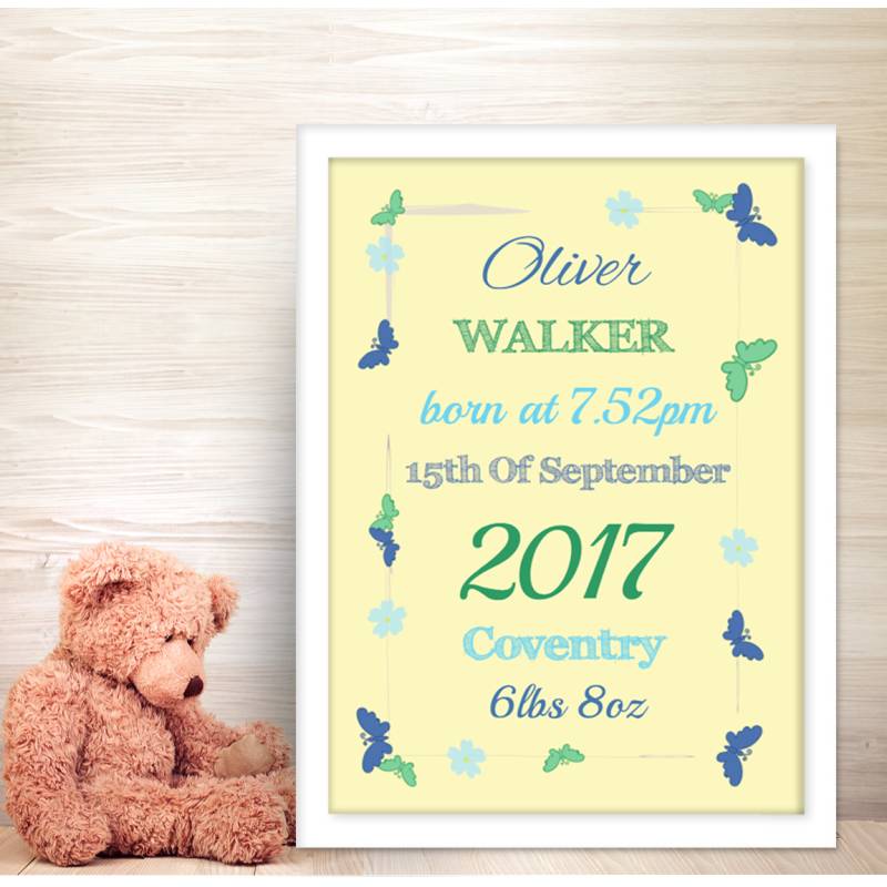 Butterflies Boy Baby Personalised Poster