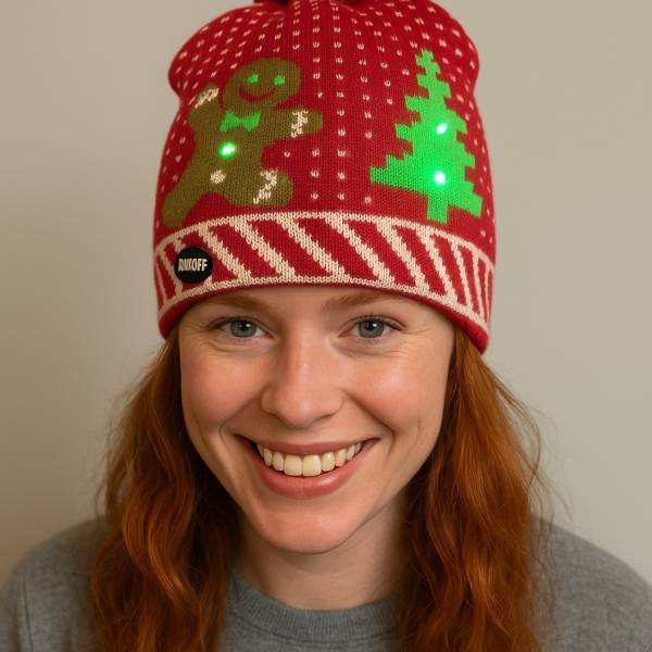 Christmas Tree & Gingerbread Novelty Light Up Beanie Hat