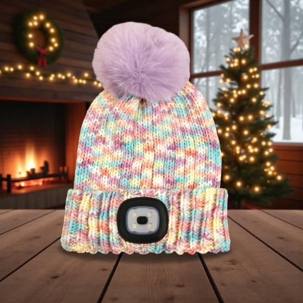 Kids Knitted Rechargeable LED Light Up Torch Hat - Pink