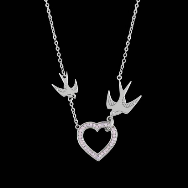 Tipperary Crystal Heart & Swallows Silver Pendant