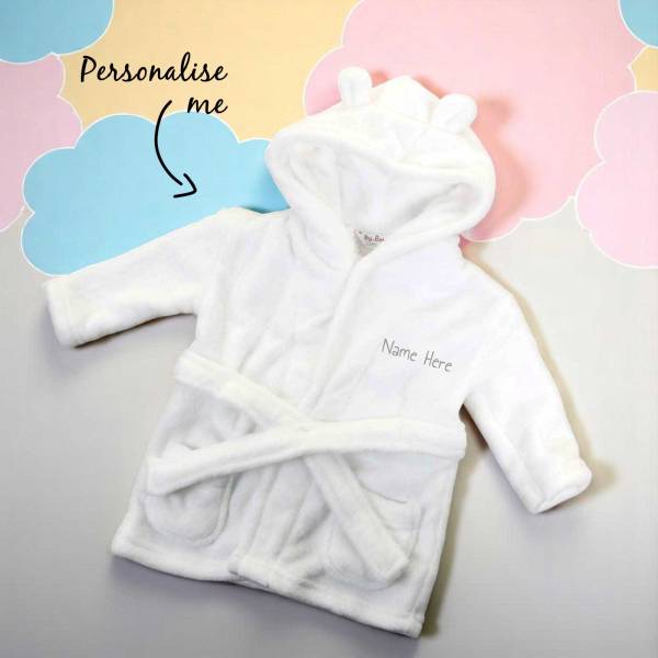 Embroidered Baby Bathrobe – Soft White Hooded Robe with Ears (0-6 Months)
