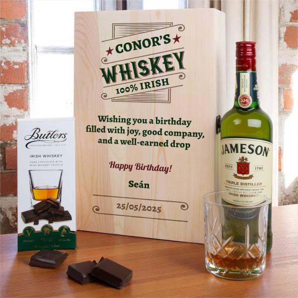 Any Text 100% Irish - Whiskey Gift Set in Personalised Wooden Box
