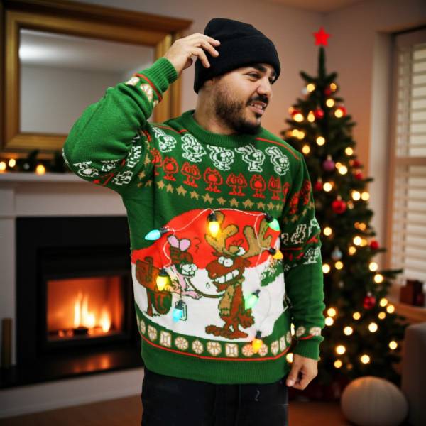 Green Christmas Jumper Reindeer Novelty Light Up