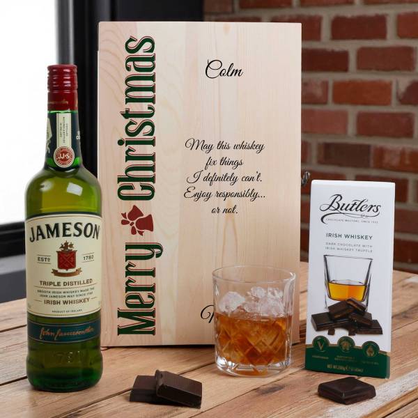 Happy Christmas - Whiskey Gift Set in Personalised Wooden Box