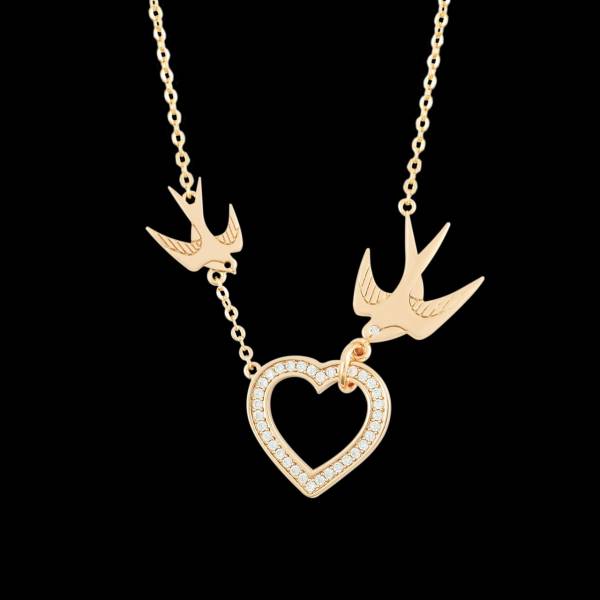 Tipperary Crystal Heart & Swallows Gold Pendant