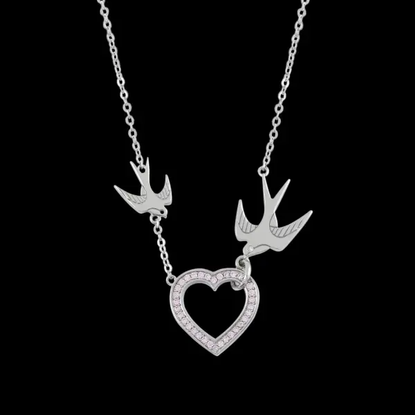 Tipperary Crystal Heart & Swallows Silver Pendant