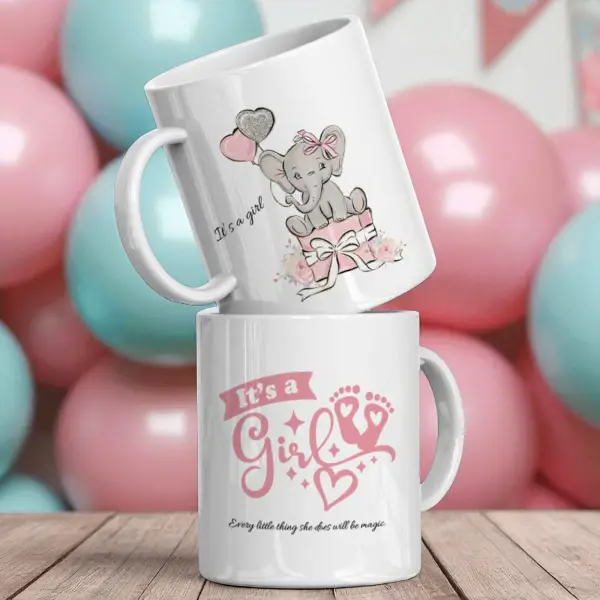 It's a Girl, Gender-Reveal, Elephant Design - Personalised Mug