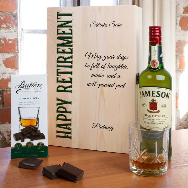 Happy Retirement- Whiskey Gift Set in Personalised Wooden Box