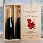 Roses Happy Valentines Personalised Double Wooden Champagne Box