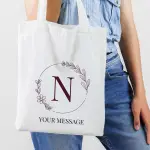 Any Initial And Message Flower And Leaves Personalised Tote Bag