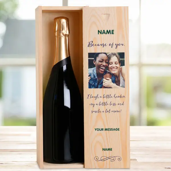 Because Of You Any Photo And Message - Personalised Single Champagne Box