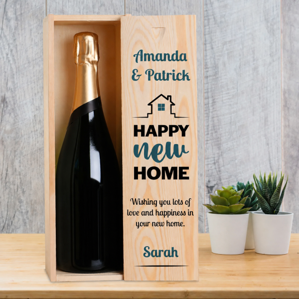 Any Name And Message Happy New Home Blue - Personalised Single Champagne Box