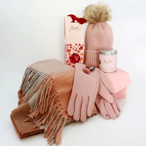 Luxury Scarf Cosy Set With Chocs & Candle - Dusty Pink, Brown & Blush