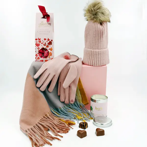 Luxury Scarf Cosy Set With Chocs & Candle - Dusty Pink & Gold