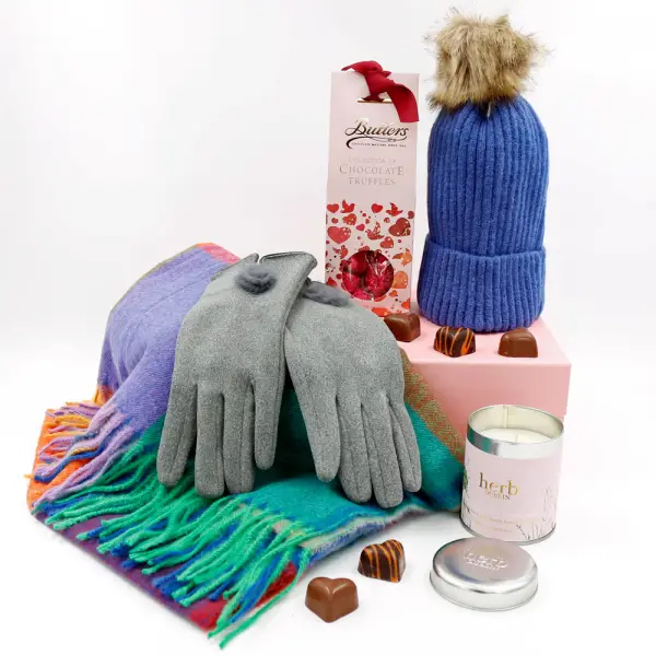 Luxury Scarf Cosy Set With Chocs & Candle - Blue, Pink & Grey
