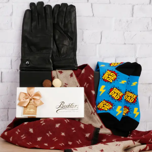 The Super Dad's Luxury Burgundy Scarf, Gloves, Socks & Chocs Hamper