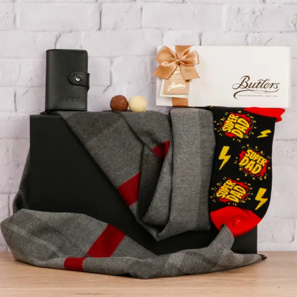 The Super Dad's Luxury Grey Scarf, Wallet, Socks & Chocs Hamper