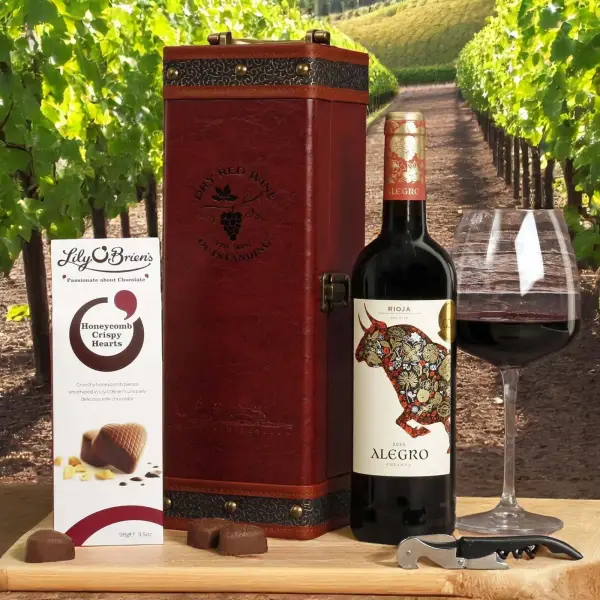 Single Vino Espanol & Irish Chocs in Leather Case