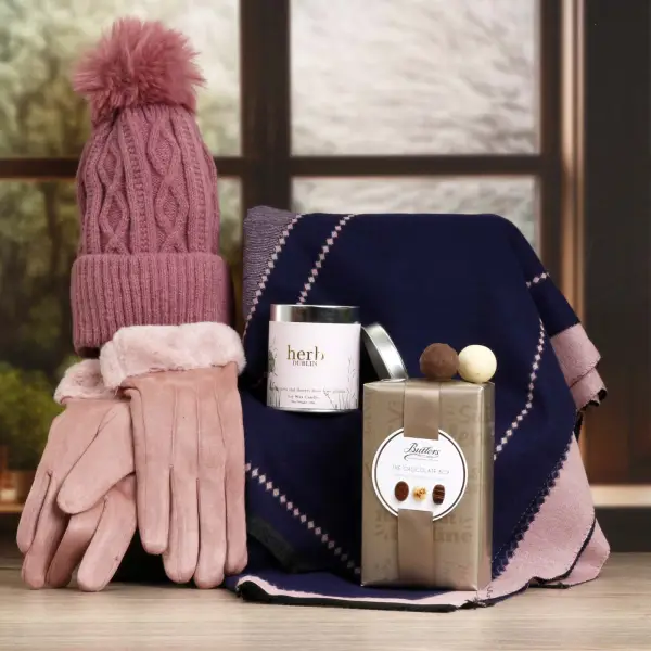 Luxury Cosy Scarf Set With Chocs & Candle - Pink & Navy