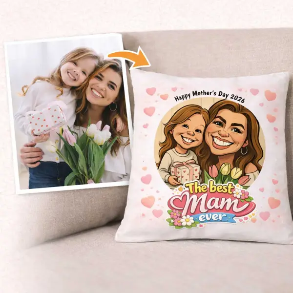 Best Mam Ever Photo to Caricature Personalised Cushion Square
