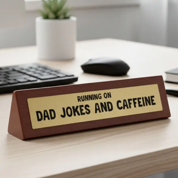 Running on Dad Jokes and Caffeine - Wooden Desk Sign