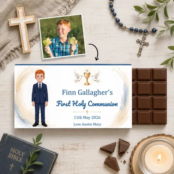 Photo to Cartoon First Holy Communion (Boy) Personalised Chocolate Bar