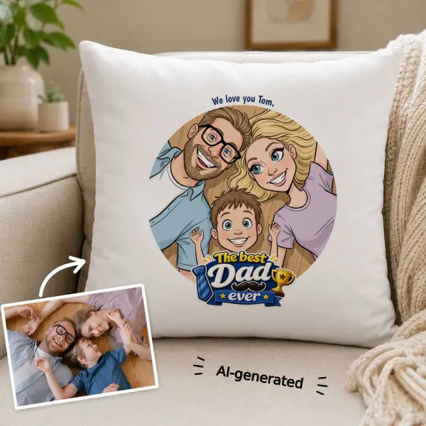 Best Dad Ever Photo to Caricature Personalised Cushion Square