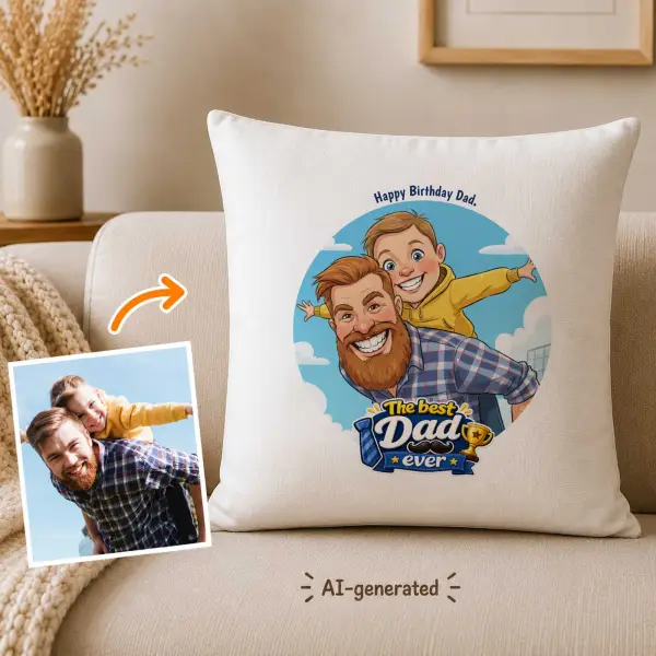Best Dad Ever Photo to Caricature Personalised Cushion Square