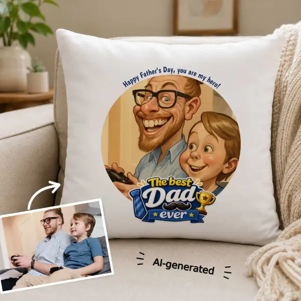Best Dad Ever Photo to Caricature Personalised Cushion Square