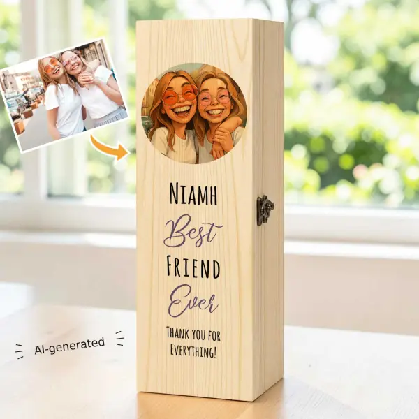 Photo to Caricature - Personalised Wooden Single Bottle Gift Box