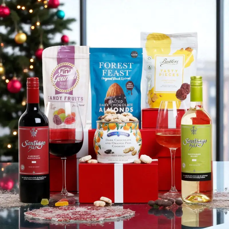 A gifts.ie hamper packed with wine, chocolates and Irish treats