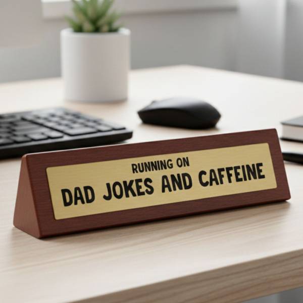 Running on Dad Jokes and Caffeine - Wooden Desk Sign