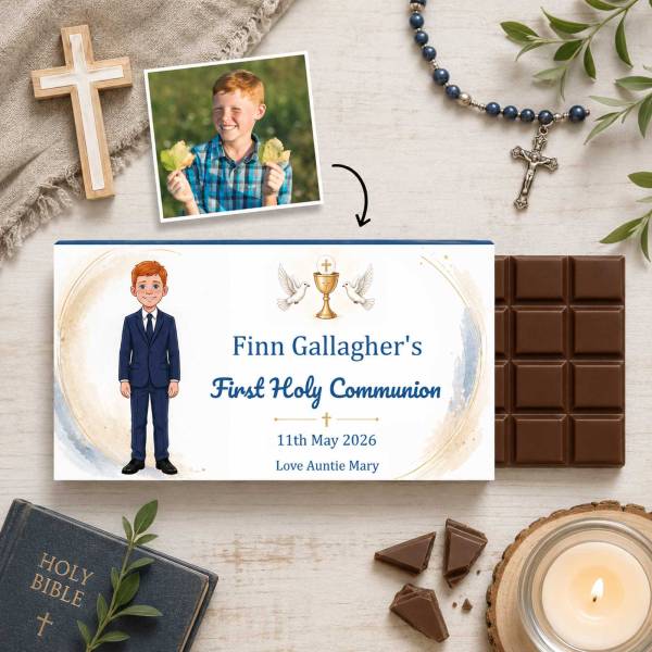 Photo to Cartoon First Holy Communion (Boy) Personalised Chocolate Bar
